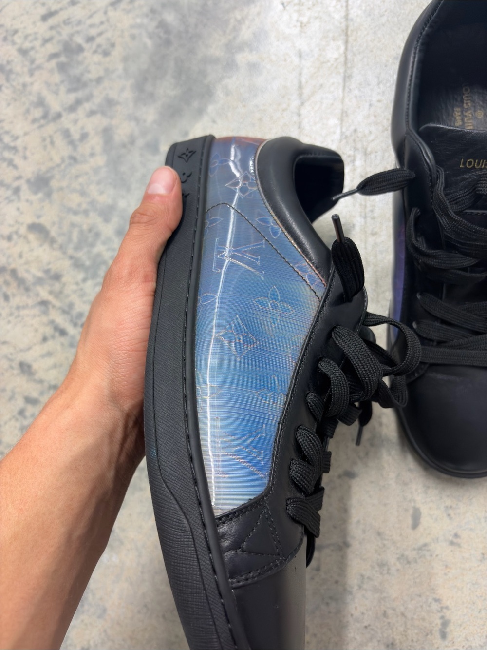 Louis Vuitton Black Leather Low-Top Sneakers with Iridescent Panels - Picture 8 of 8